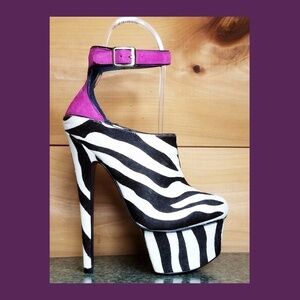C- Zebra pony real fur mohair 6.75" High Heel Platform Shoes . New !